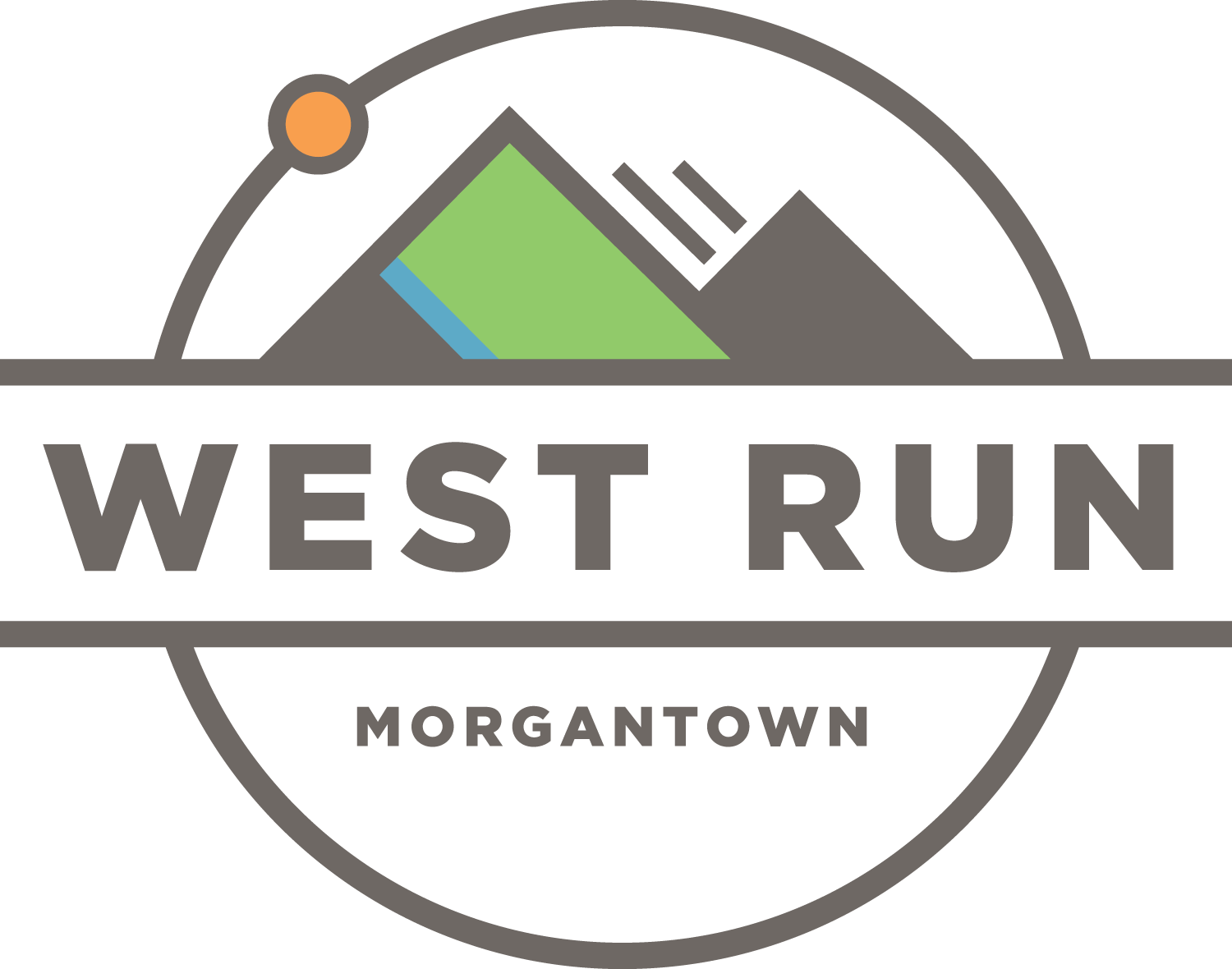 Circular logo with mountains, a small blue line, and an orange dot above; text reads "WEST RUN" and "MORGANTOWN" below.